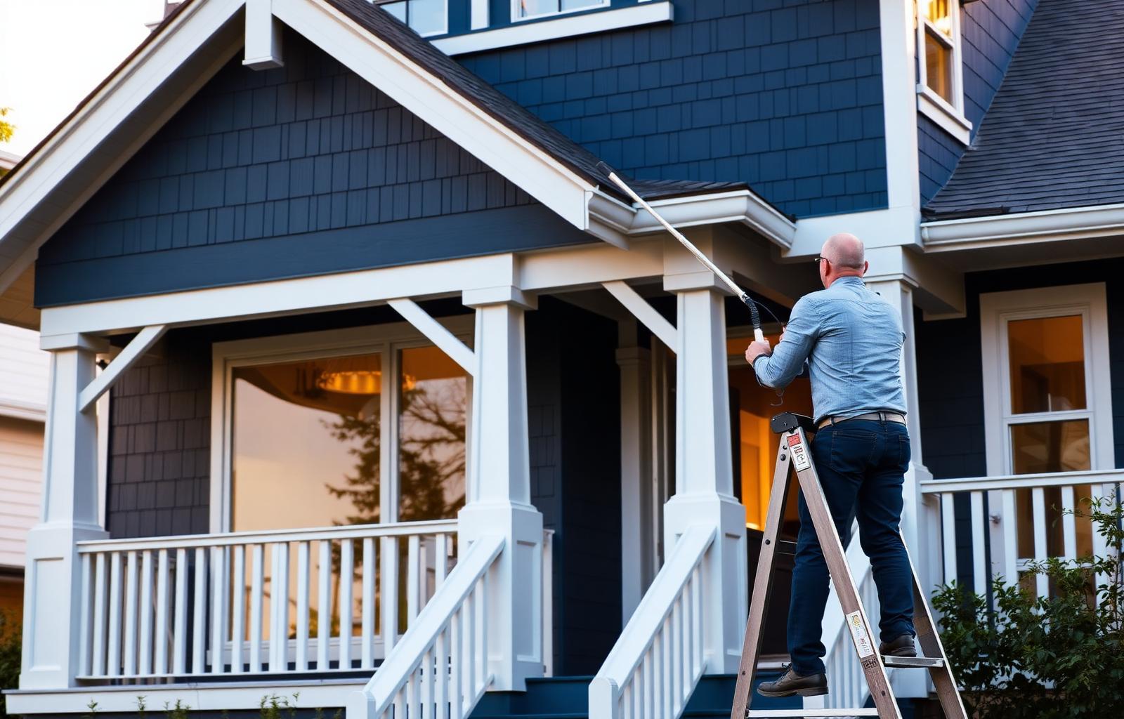 Nikolai painting a Tacoma home navy blue with white trim